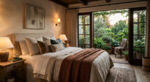 A cozy bedroom retreat featuring layered textured bedding, warm ambient lighting, and a view of a lu