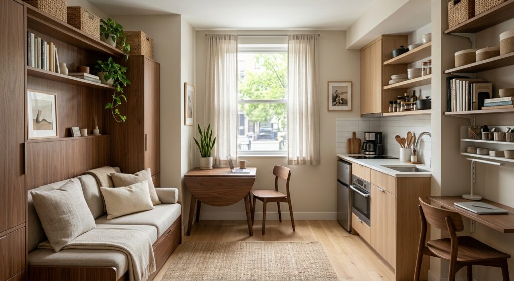 Compact studio apartment layout with clever multifunctional furniture, warm neutral color palette, a