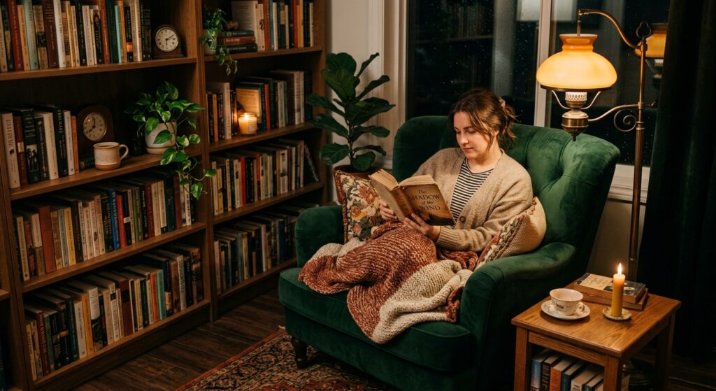 A cozy corner reading nook with a plush velvet armchair, stacked bookshelves, and a dimmed retro-sty