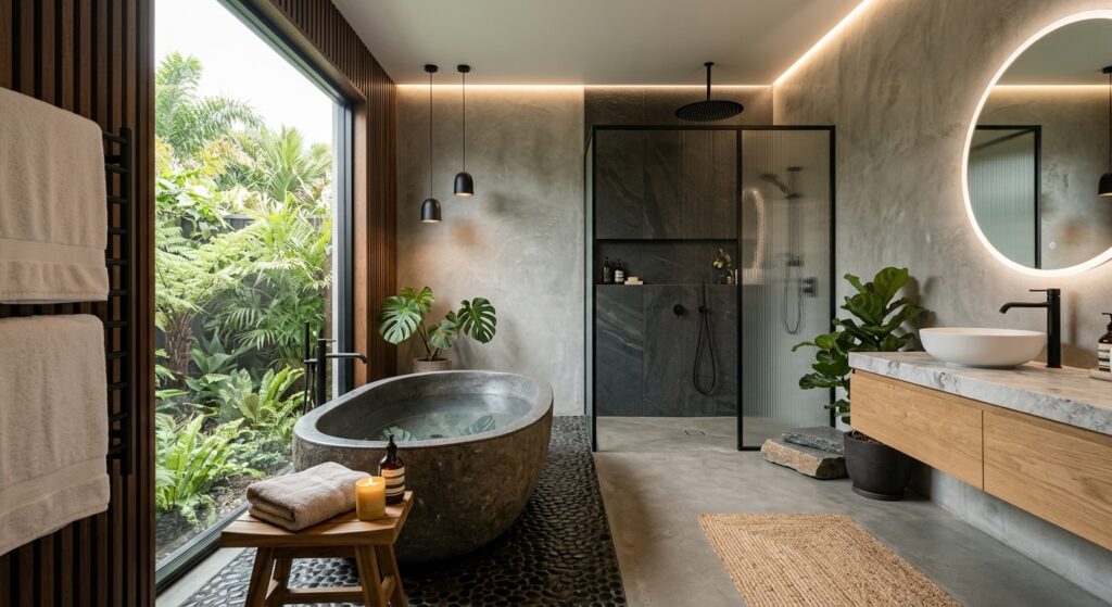 Luxurious spa-inspired bathroom with a freestanding stone tub, rain shower, and polished concrete wa