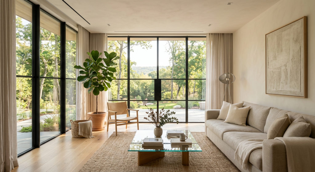 A sun-drenched minimalist living room with floor-to-ceiling windows, soft linen sofa, and a glass co