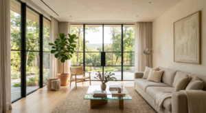 A sun-drenched minimalist living room with floor-to-ceiling windows, soft linen sofa, and a glass co