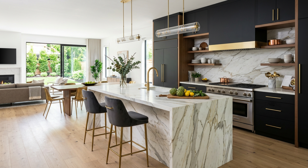 Modern open-concept kitchen with marble waterfall island, matte black cabinetry, and gold hardware a