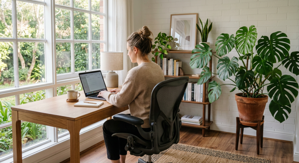 A calm home office space with a sleek wooden desk, ergonomic chair, large potted monstera plant, and