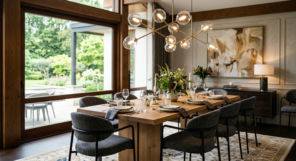 Elegant dining area showcasing a solid oak table, designer upholstered chairs, and a statement sculp