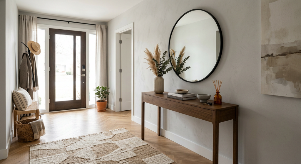 A welcoming contemporary entryway featuring a minimalist console table, a large circular mirror, and